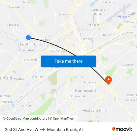 2nd St And Ave W to Mountain Brook, AL map