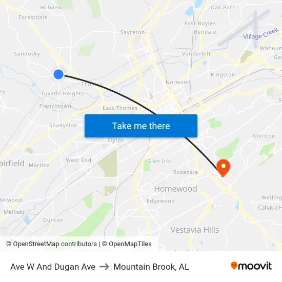 Ave W And Dugan Ave to Mountain Brook, AL map