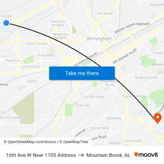 16th Ave W Near 1105 Address to Mountain Brook, AL map