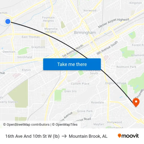 16th Ave And 10th St W (Ib) to Mountain Brook, AL map