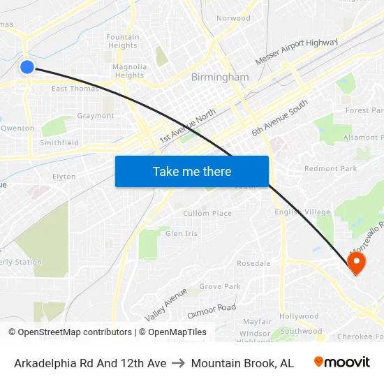 Arkadelphia Rd And 12th Ave to Mountain Brook, AL map
