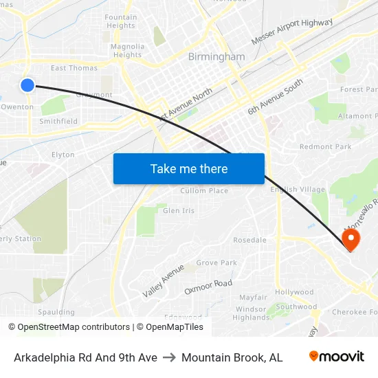 Arkadelphia Rd And 9th Ave to Mountain Brook, AL map
