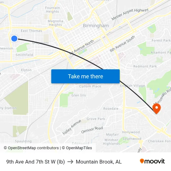 9th Ave And 7th St W (Ib) to Mountain Brook, AL map