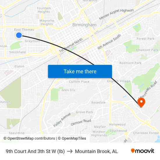 9th Court And 3th St W (Ib) to Mountain Brook, AL map