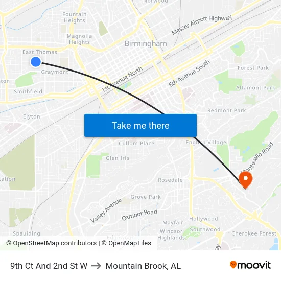 9th Ct And 2nd St W to Mountain Brook, AL map