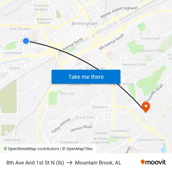 8th Ave And 1st St N (Ib) to Mountain Brook, AL map
