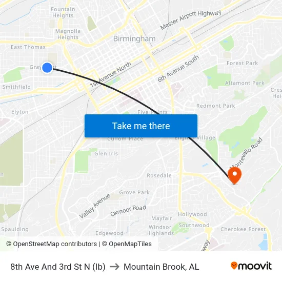 8th Ave And 3rd St N (Ib) to Mountain Brook, AL map