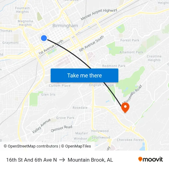 16th St And 6th Ave N to Mountain Brook, AL map