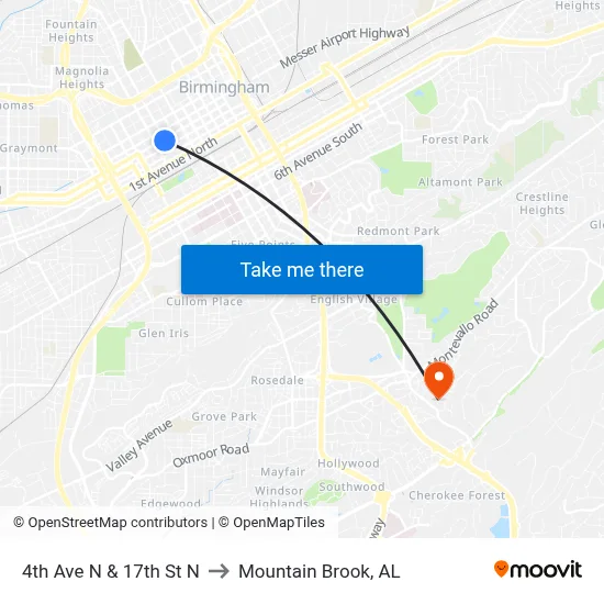 4th Ave N & 17th St N to Mountain Brook, AL map