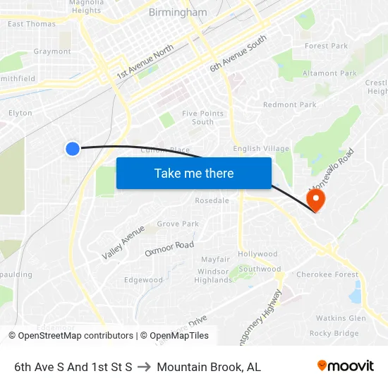 6th Ave S And 1st St S to Mountain Brook, AL map