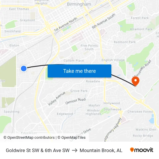 Goldwire St SW & 6th Ave SW to Mountain Brook, AL map