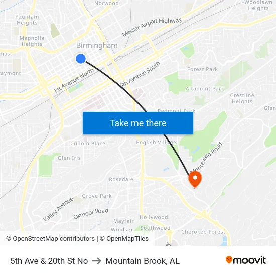 5th Ave & 20th St No to Mountain Brook, AL map