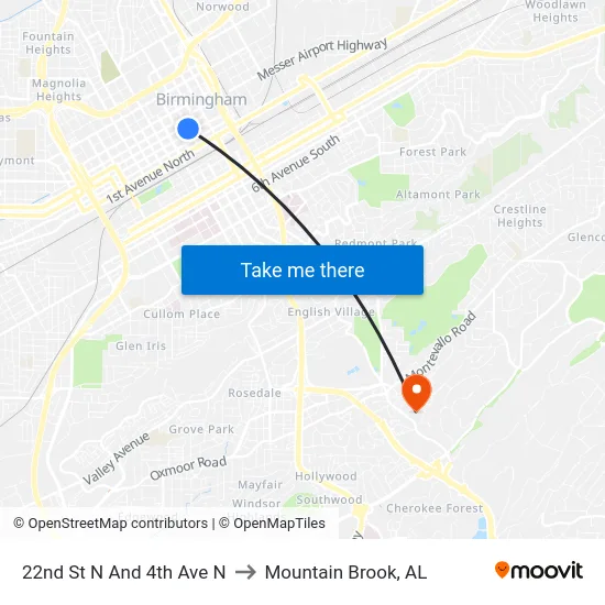 22nd St N And 4th Ave N to Mountain Brook, AL map