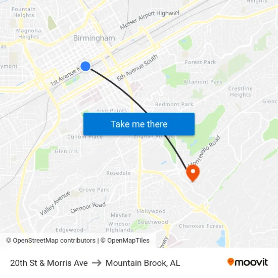 20th St & Morris Ave to Mountain Brook, AL map