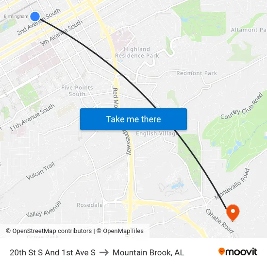20th St S And 1st Ave S to Mountain Brook, AL map