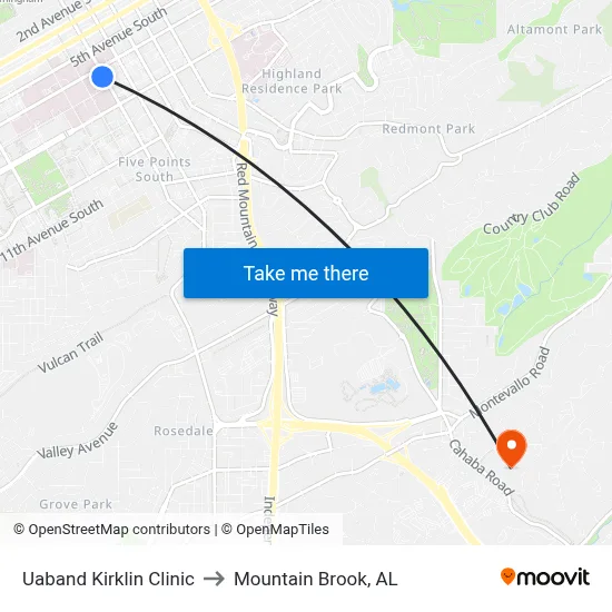 Uaband Kirklin Clinic to Mountain Brook, AL map