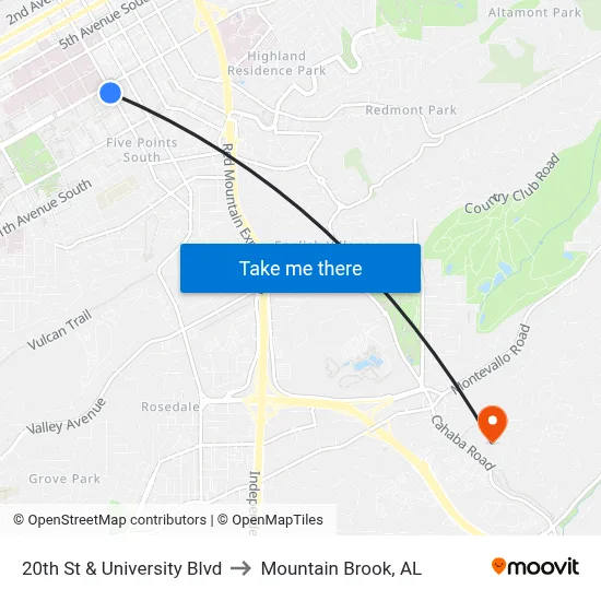 20th St & University Blvd to Mountain Brook, AL map