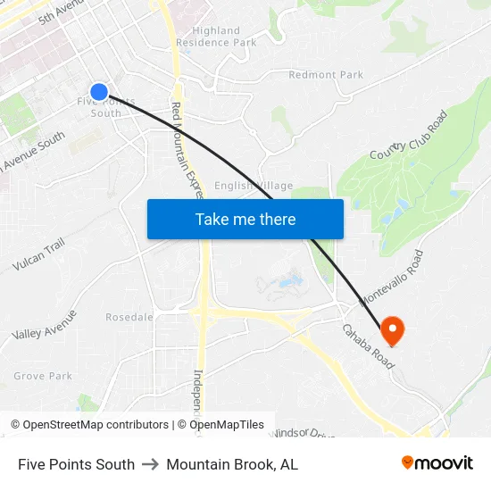 Five Points South to Mountain Brook, AL map