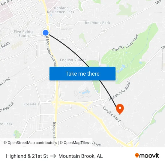 Highland & 21st St to Mountain Brook, AL map