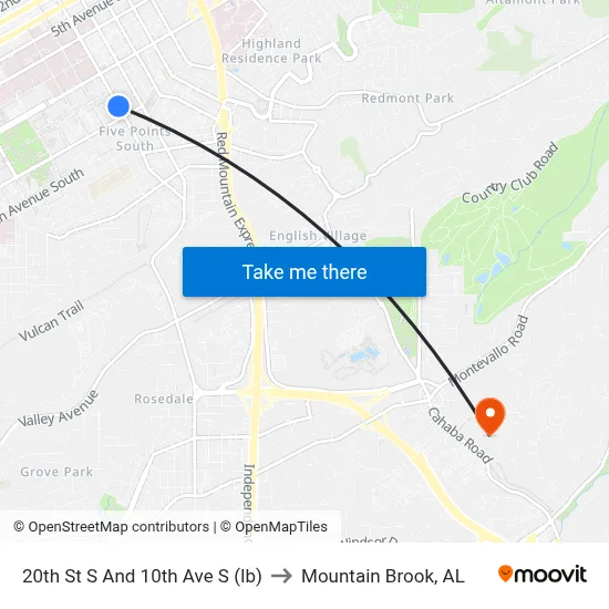 20th St S And 10th Ave S (Ib) to Mountain Brook, AL map