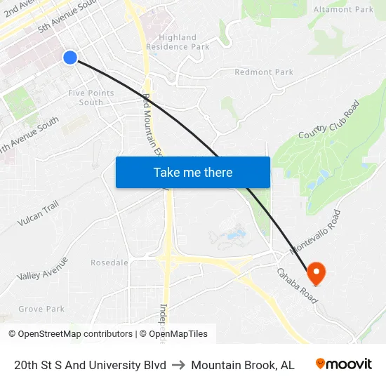20th St S And University Blvd to Mountain Brook, AL map