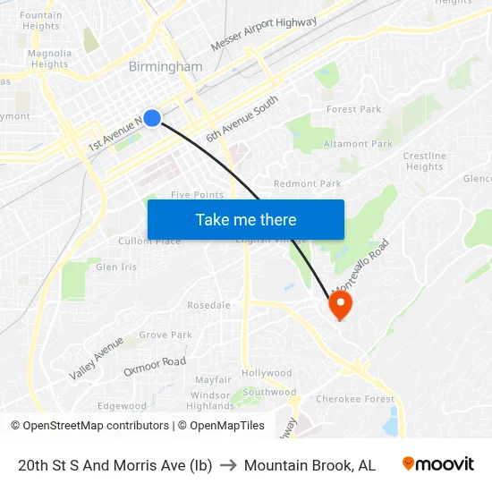 20th St S And Morris Ave (Ib) to Mountain Brook, AL map