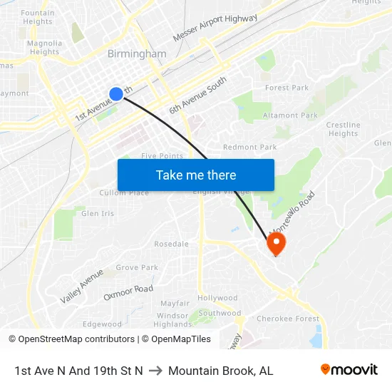 1st Ave N And 19th St N to Mountain Brook, AL map