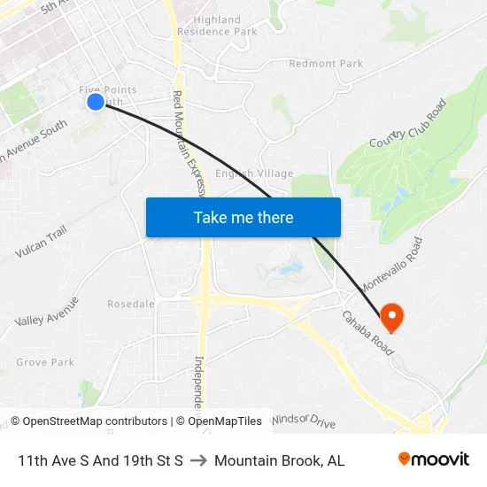11th Ave S And 19th St S to Mountain Brook, AL map