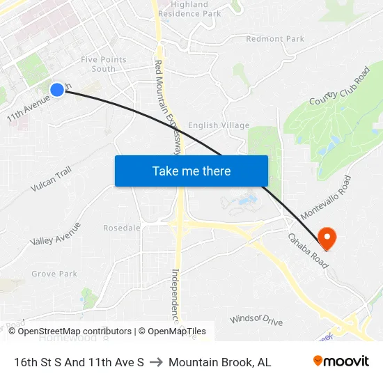 16th St S And 11th Ave S to Mountain Brook, AL map