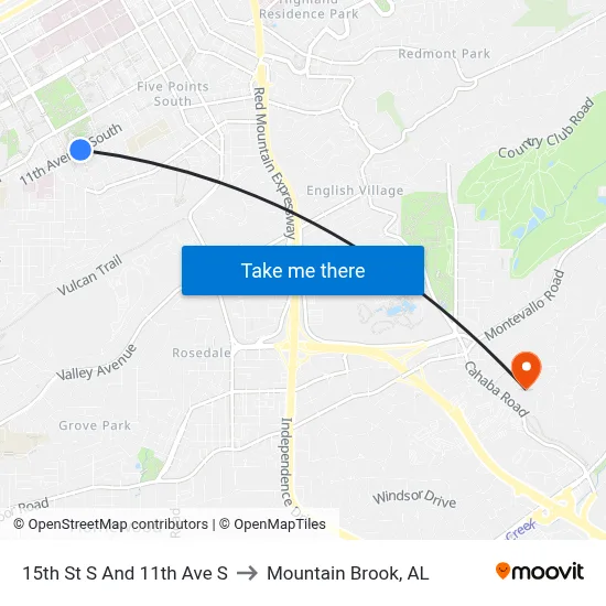 15th St S And 11th Ave S to Mountain Brook, AL map