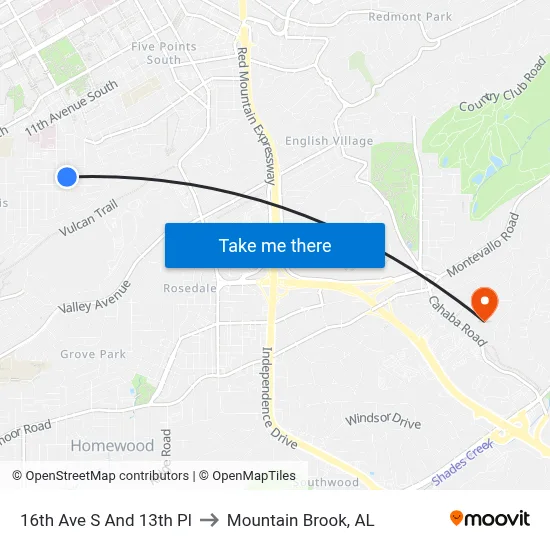 16th Ave S And 13th Pl to Mountain Brook, AL map