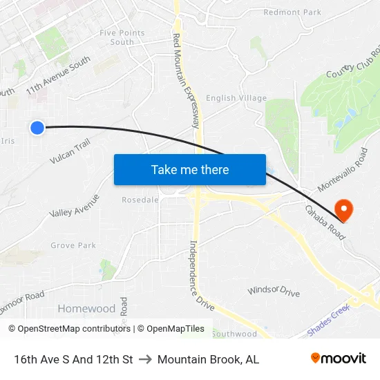 16th Ave S And 12th St to Mountain Brook, AL map