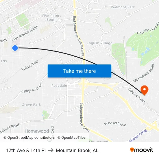 12th Ave & 14th Pl to Mountain Brook, AL map