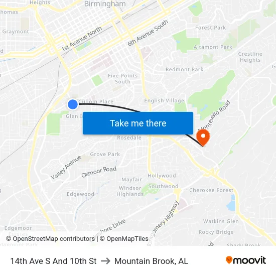 14th Ave S And 10th St to Mountain Brook, AL map