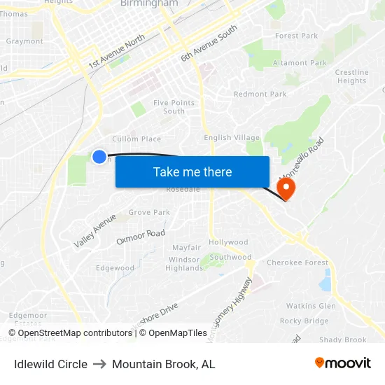 Idlewild Circle to Mountain Brook, AL map