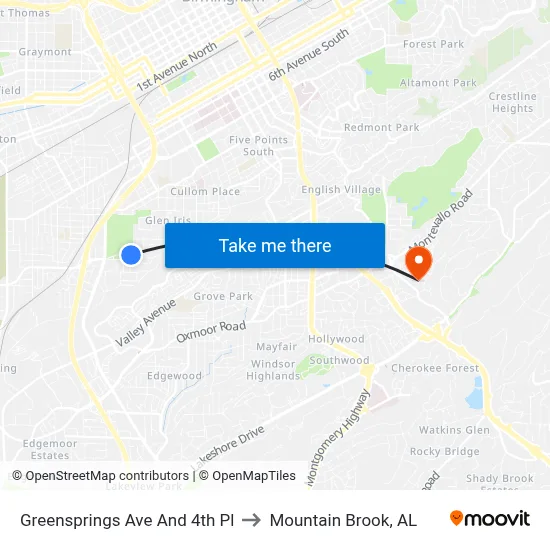 Greensprings Ave And 4th Pl to Mountain Brook, AL map