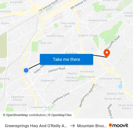 Greensprings Hwy And O'Reilly Auto Parts to Mountain Brook, AL map