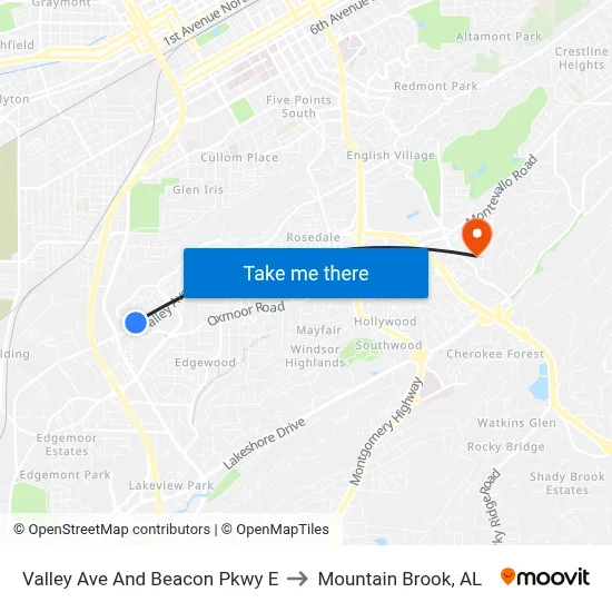 Valley Ave And Beacon Pkwy E to Mountain Brook, AL map