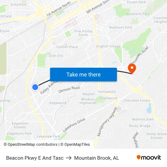 Beacon Pkwy E And Tasc to Mountain Brook, AL map