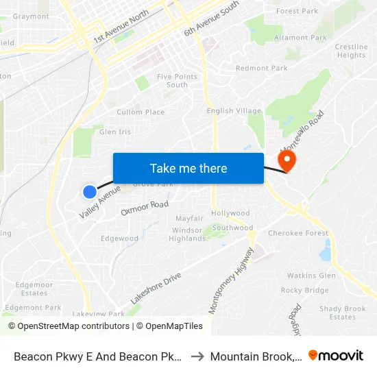 Beacon Pkwy E And Beacon Pkwy W to Mountain Brook, AL map