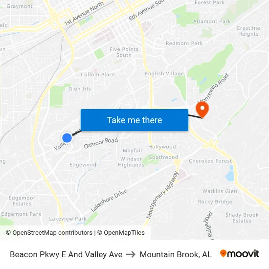 Beacon Pkwy E And Valley Ave to Mountain Brook, AL map