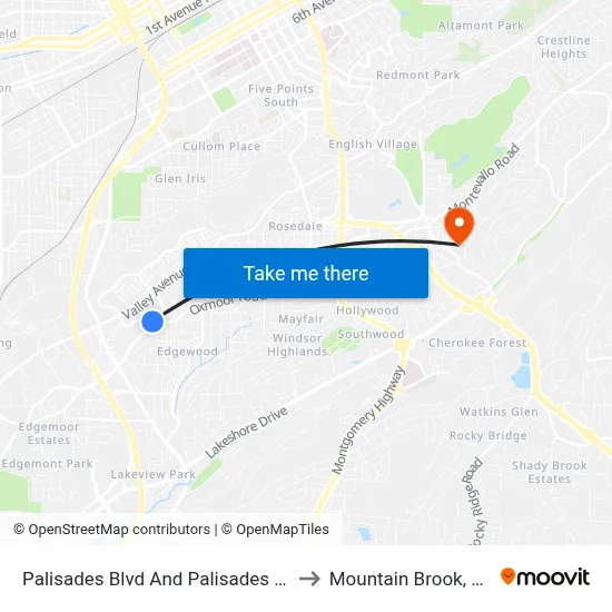 Palisades Blvd And Palisades Dr to Mountain Brook, AL map