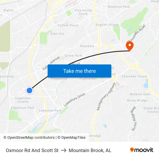 Oxmoor Rd And Scott St to Mountain Brook, AL map