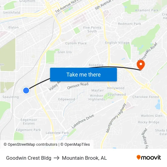 Goodwin Crest Bldg to Mountain Brook, AL map