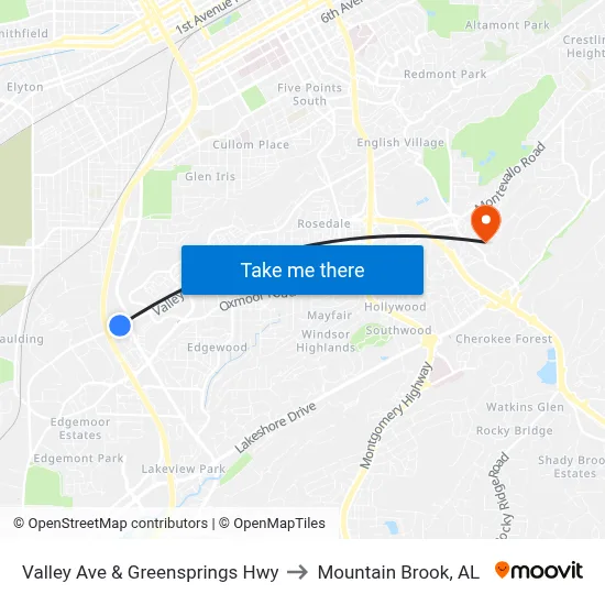Valley Ave & Greensprings Hwy to Mountain Brook, AL map