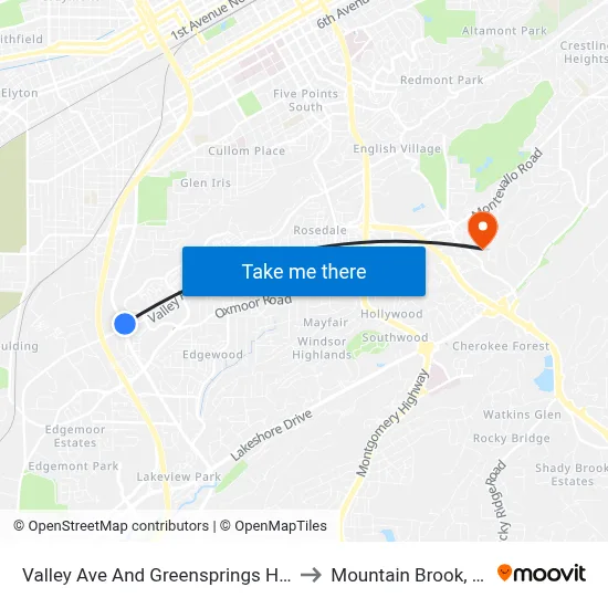 Valley Ave And Greensprings Hwy to Mountain Brook, AL map