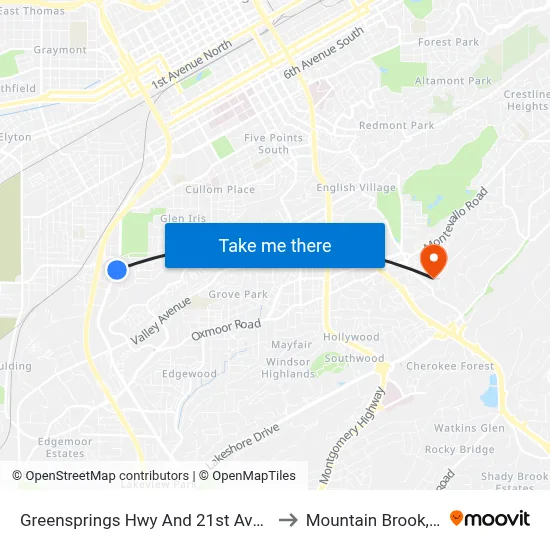 Greensprings Hwy And 21st Ave (Ib) to Mountain Brook, AL map