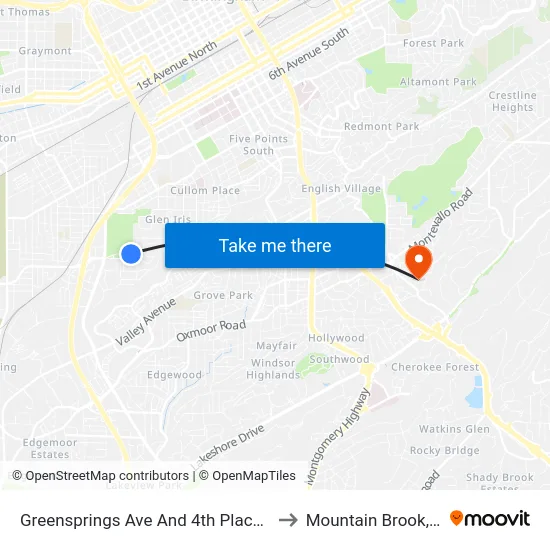 Greensprings Ave And 4th Place (Ib) to Mountain Brook, AL map