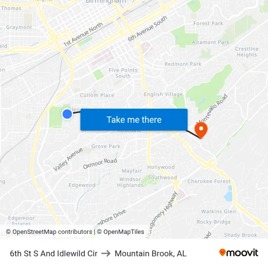 6th St S And Idlewild Cir to Mountain Brook, AL map