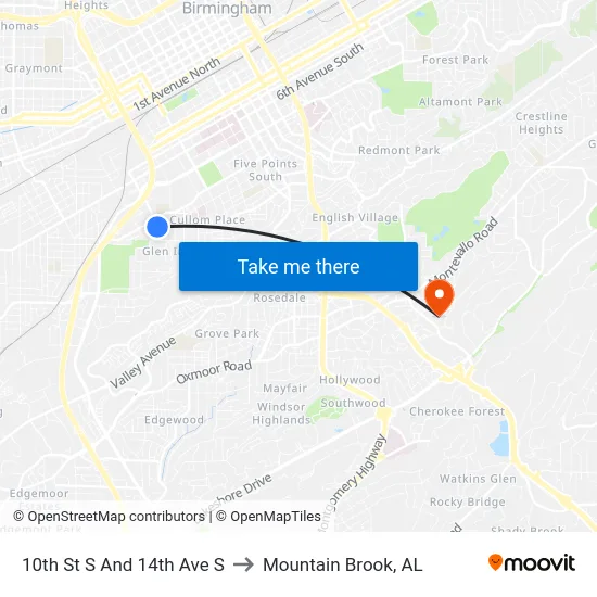 10th St S And 14th Ave S to Mountain Brook, AL map